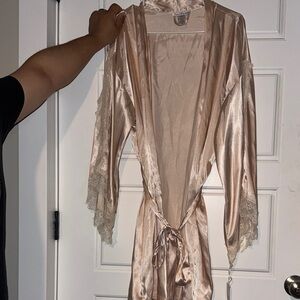 Linea Donatella Satin Robe with Lace Trim in Champagne